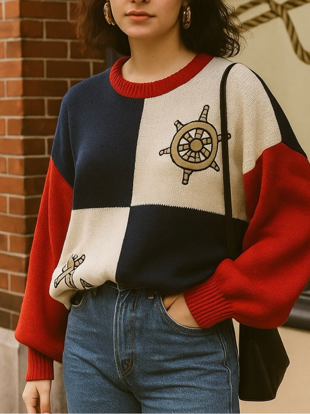 VTG Aurea Nautical Sailing Sweater 100% Combed Cotton Red White & Blue Size L